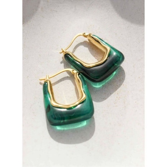 Anthropologie Casa Clara Andy Earrings Jade green stone gold hoop - Picture 3 of 7